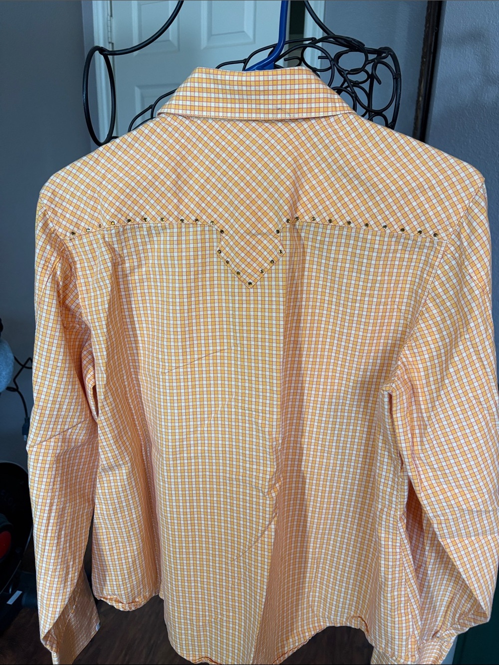 Cruel Girl Orange and White Plaid Western Shirt with snaps and rhinestones - Picture 3 of 4